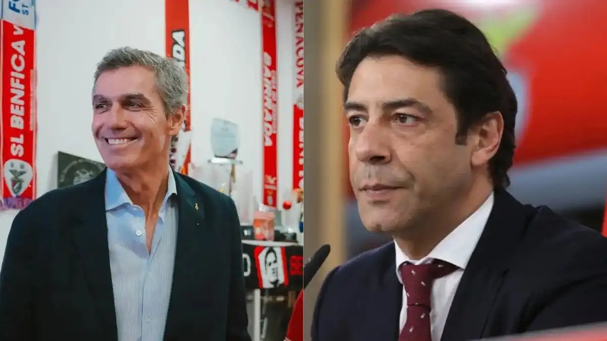 Rui Costa e João Noronha Lopes, os dois candidatos mais votados, lado a lado, em destaque, representando a disputa pela presidência do Benfica numa segunda volta eleitoral.