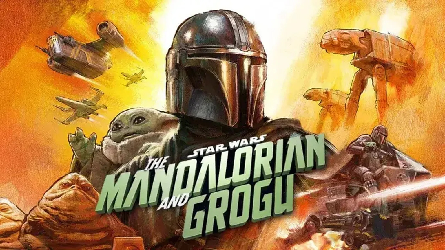 Cartaz do filme 'The Mandalorian and Grogu', com o Mandaloriano em destaque ao centro, Grogu ao seu lado e várias naves e explosões ao fundo, evocando ação no universo Star Wars.